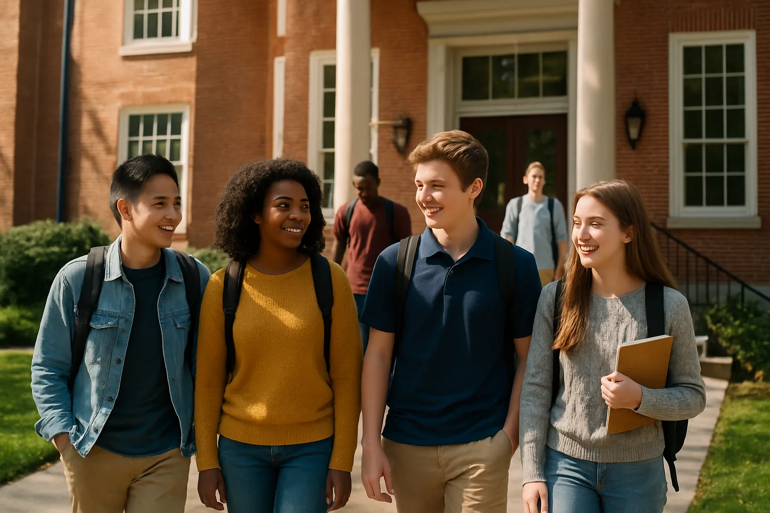 Diverse students smiling outside school building